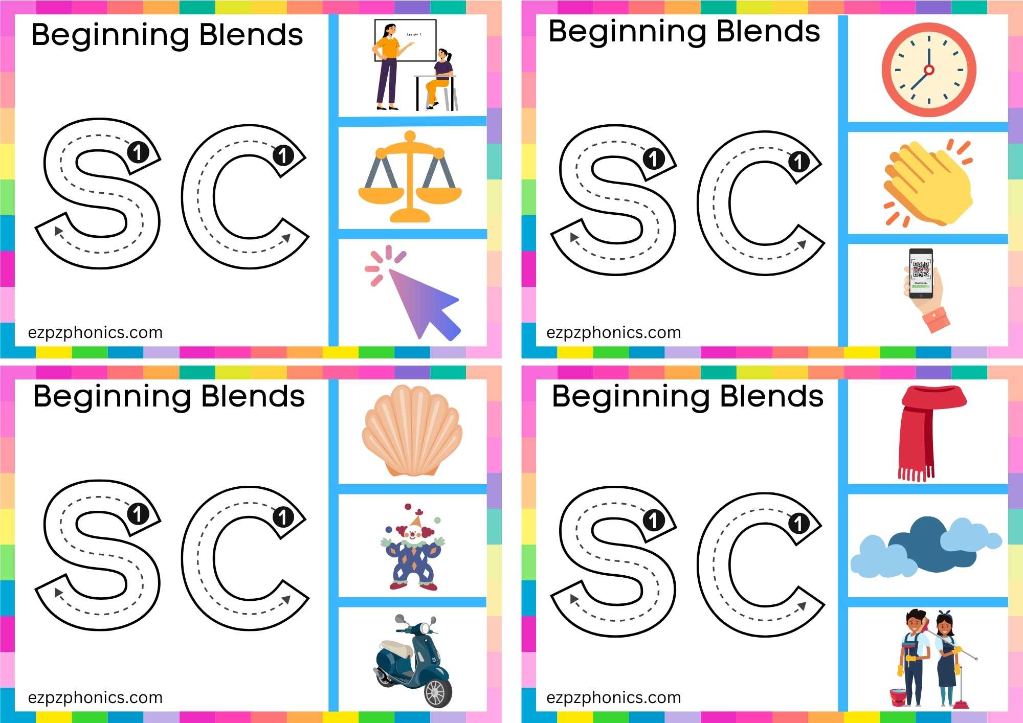 SC Beginning Blends Clip Cards Trace The Letters And Clip The Correct Image Set 2